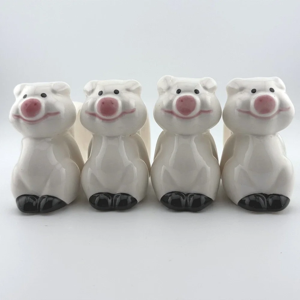 Vintage 1984 Ron Gordon Designs Ceramic Piggy Napkin Rings Set of 4 White Pink